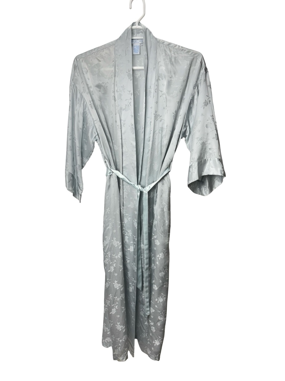 August Silk Long Pure 100% Silk Robe Blue Floral Rose Large Kimono House Coat